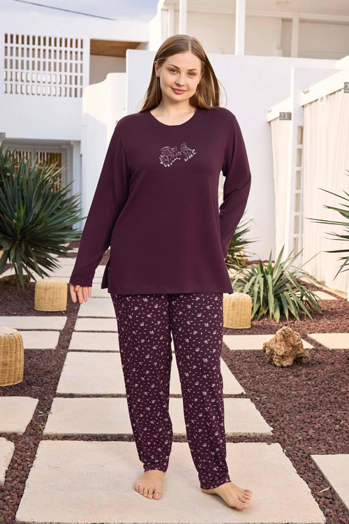 Kadın inci Büyük Beden Vişneçürüğü Pijama Takımı 0498