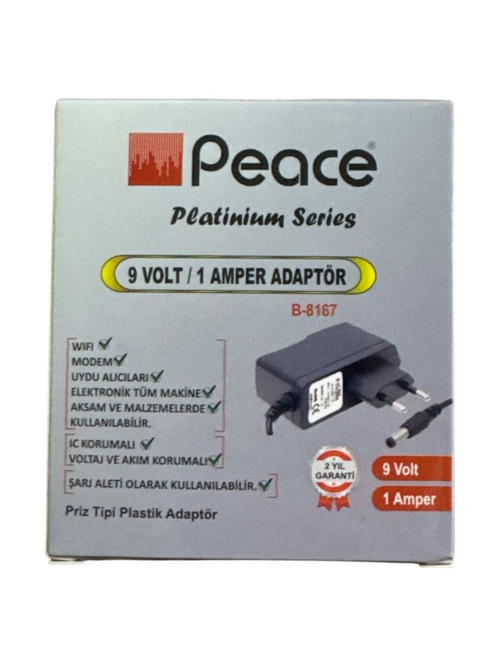PEACE B-8167 220 Volt 9 Volt 1 Amper 5.5x2.5mm Uçlu Priz Tipi Adaptör