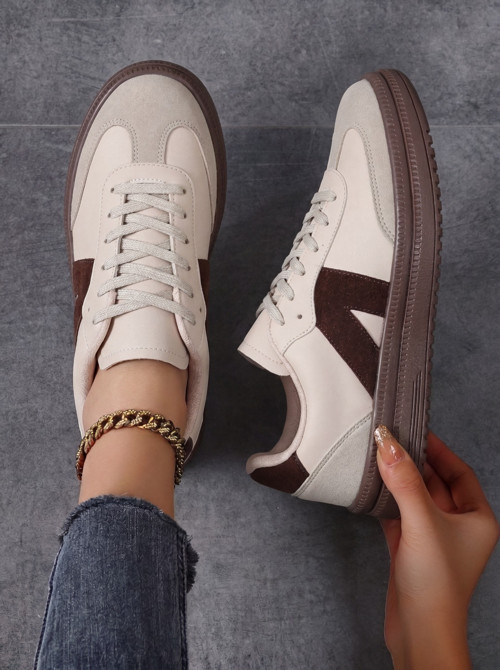 Kadın Sneaker Yüksek Taban Ortopedik Bağcıklı Spor Ayakkabı Retro Bej-011