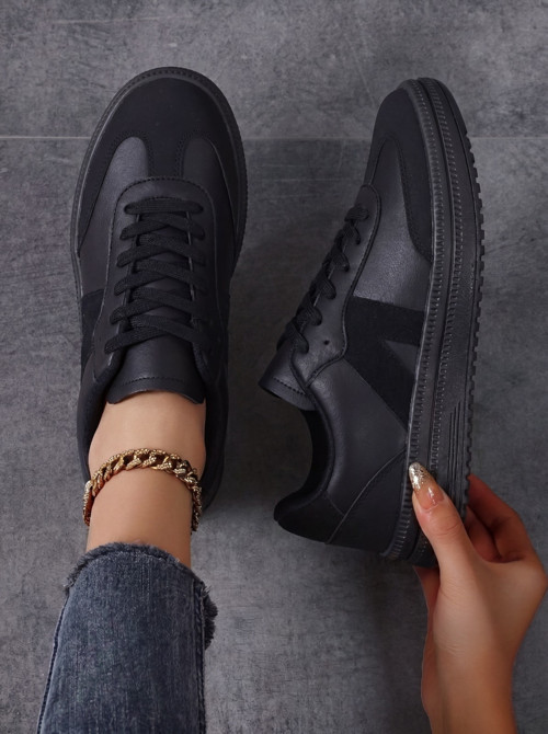 Kadın Sneaker Yüksek Taban Ortopedik Bağcıklı Spor Ayakkabı Retro Siyah 011