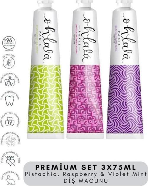 Ohlala Pistachio, Raspberry&Violet Mint Premium Set 3 x 75 ml Diş Macunu Seti