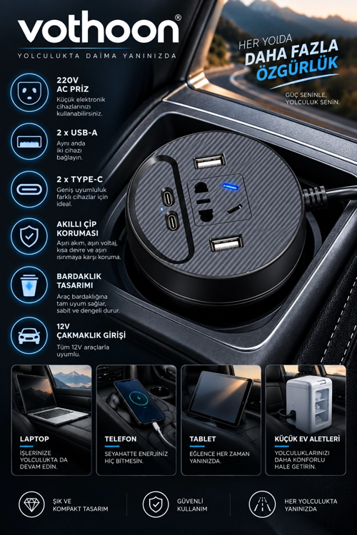 Araç Aleti Çakmaklık İnvertör & 220V Priz+Usb & Araba Çakmaklık