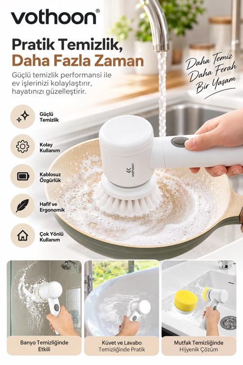Şarjlı Elektrikli Temizlik Fırçası Mutfak Banyo Lavabo Küvet İçin Çok Amaçlı Döner Fırça
