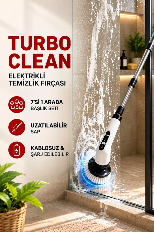 Turbo Clean Elektrikli Temizlik Fırçası 7 Başlıklı Şarjlı Döner Fırça
