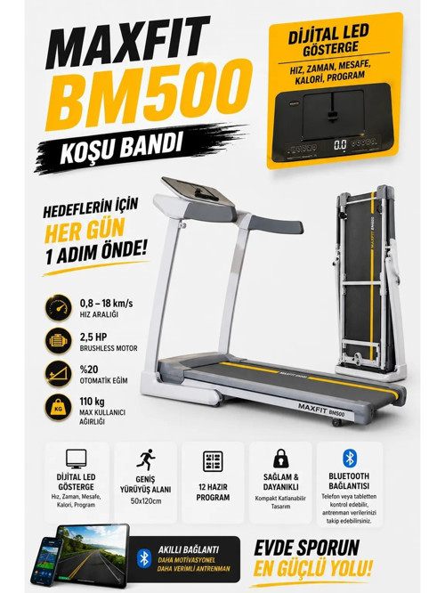 BM500 Otomatik Eğimli Koşu Bandı 2,5 Hp Brushless Motor Bluetooth Destekli 0,8-18 km/s Hız