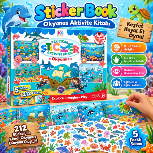 Sticker Book Okyanus Aktivite Kitabı 5 Sahne 212 Sticker Deniz Canlıları Çıkartma Kitabı