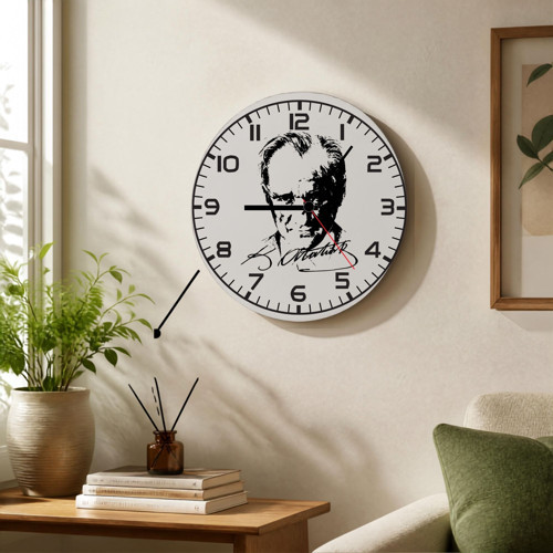 Atatürk Portreli ve İmzalı Metal Duvar Saati - Ofis ve Salon Saati
