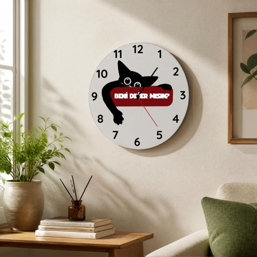 Beni Sever Misin? Tasarımlı Siyah Kedi Metal Duvar Saati - 29 cm Modern Mutfak ve Salon Saati
