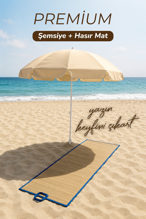 Krem 2 Metre 10 telli Plaj - Bahçe Şemsiyesi ve Hasır Mat