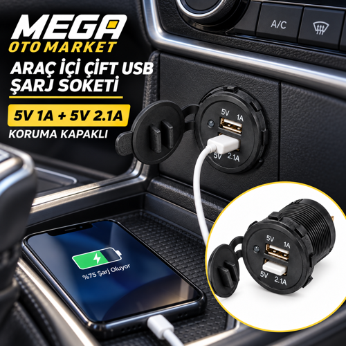 Çift USB Araç Şarj Soketi 5V 2.1A + 1A Koruma Kapaklı Otomobil Çakmaklığı