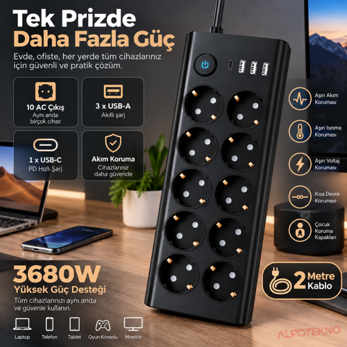 10'lu Akım Korumalı Çoklu Priz 3680W 16A 2 Metre Kablo 3 USB-A + 1 USB-C 750J Surge Korumalı