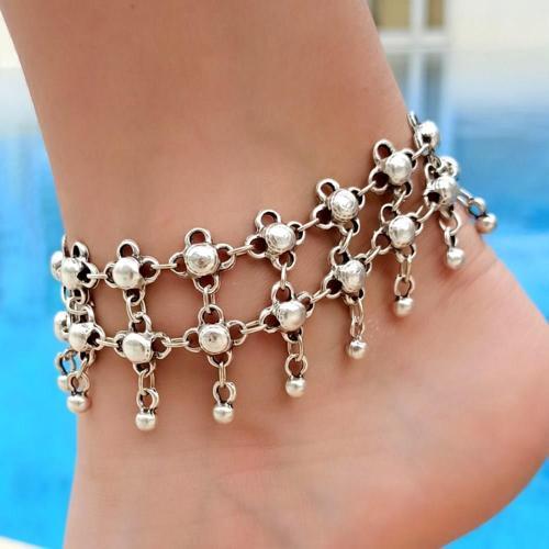 Çift Sıra Kalın Boncuk Şekilli Kadın Halhal Gümüş Kaplama Ayarlanabilir El Yapımı Halhal