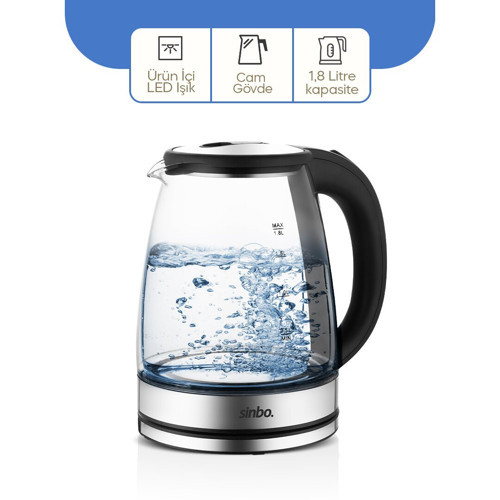 CAM - LEDLİ KETTLE 1.8LT GİZLİ REZİSTANS - KABLOSUZ 360 DERECE GÖVDE 1500W SK-8033