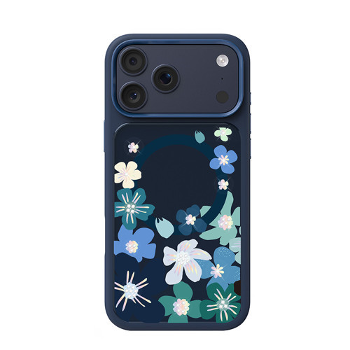iPhone 18 Pro Max Uyumlu Kılıf M-safe Şarj Özellikli Çiçekli Flower Serisi Kapak Lacivert