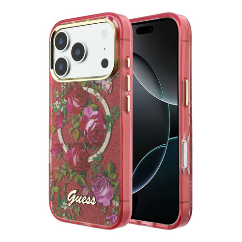 iPhone 18 Pro Kılıf Lisanslı M-safe Şarj Özellikli Gül Desenli Simli Yazı Logolu Kapak Bordo