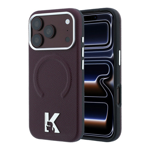 iPhone 18 Pro Max Kılıf Lisanslı M-safe KHEAD Metal Logo PU Grained Deri Kapak Bordo