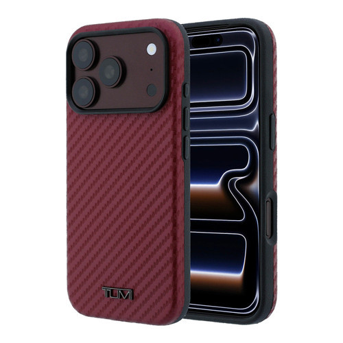 iPhone 18 Pro Max Kılıf TUMI Lisanslı M-safe Özellikli PU Karbon Tasarımlı Metal Logolu Kapak Bordo