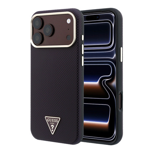 iPhone 18 Pro Max Kılıf Lisanslı M-safe PU Metal Üçgen Logolu Karbon Fiber Kevlar Kapak Bordo