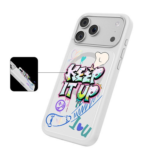 iPhone 18 Pro Max Kılıf M-safe Şarj Özellikli 3D Baskılı Tasarım Graffiti Serisi Kapak Beyaz