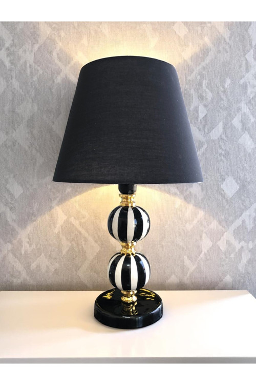 Abajur Aydınlatma Seramik Toplu Siyah Dik Çizgi Siyah Şapka Gold
