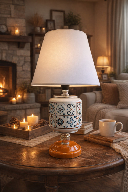 Abajur Aydınlatma Seramik Oval Ceramic Desen Beyaz Şapka Gümüş