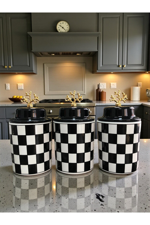 Baharatlık Silindir Seramik Kapaklı 3 Lü Kahve Köşesi Siyah Damalı 750 Ml Hacimli Gold