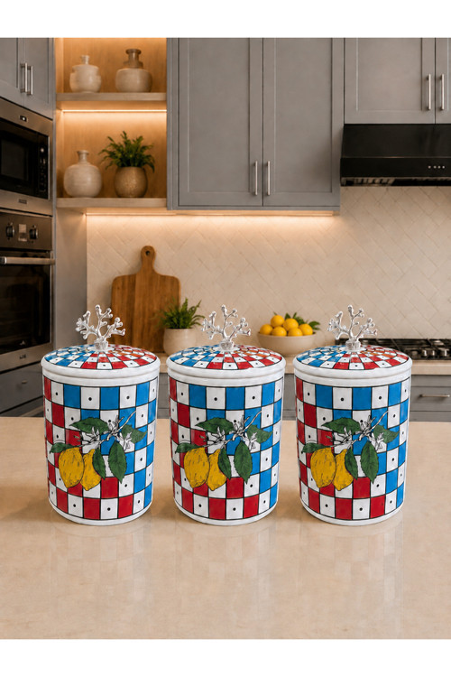 Baharatlık - Kahve Köşesi 3 Lü Set Düz Kapak Limon Dama Renli Desen Gümüş