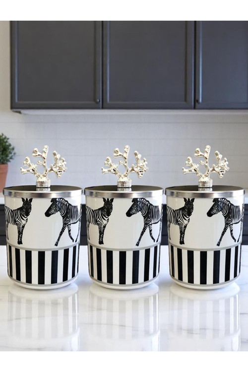 Baharatlık Silindir 3 Lü Set Kahve Köşesi Zebra At Desenli 750 Ml Mercan Gümüş
