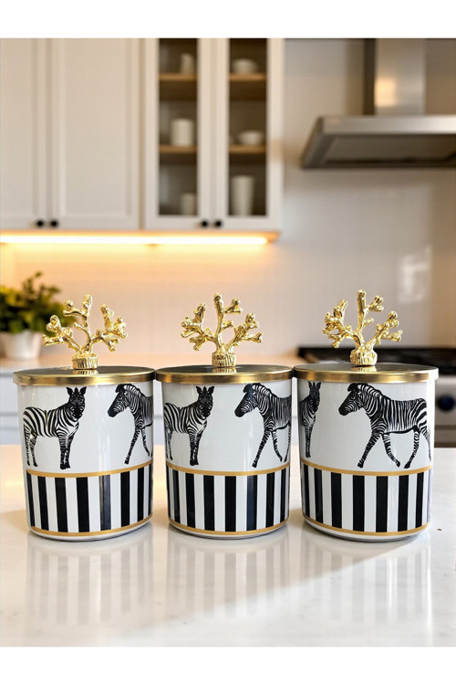 Baharatlık Silindir 3 Lü Set Kahve Köşesi Zebra At Desenli Gold Mercan