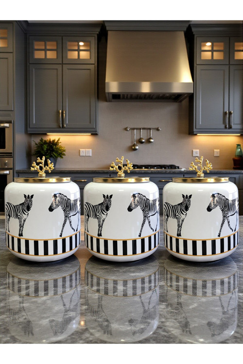 Büyük Boy Kahve Köşesi Seti Oval Baharatlık 1400 Ml (Çay,Kahve,Şeker) Zebra At Gold