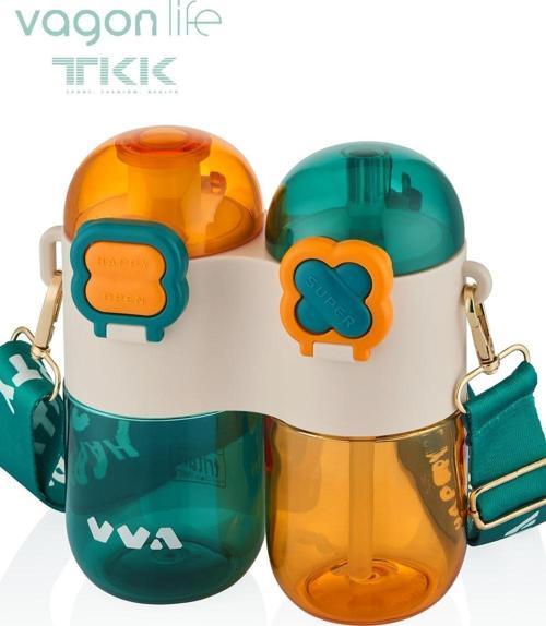 TKK Tek Gövde Çift Hazne 2*400 800ml Sıvı Kapasiteli Boyun Askılı Pipetli /Rahat içim Tritan Matara
