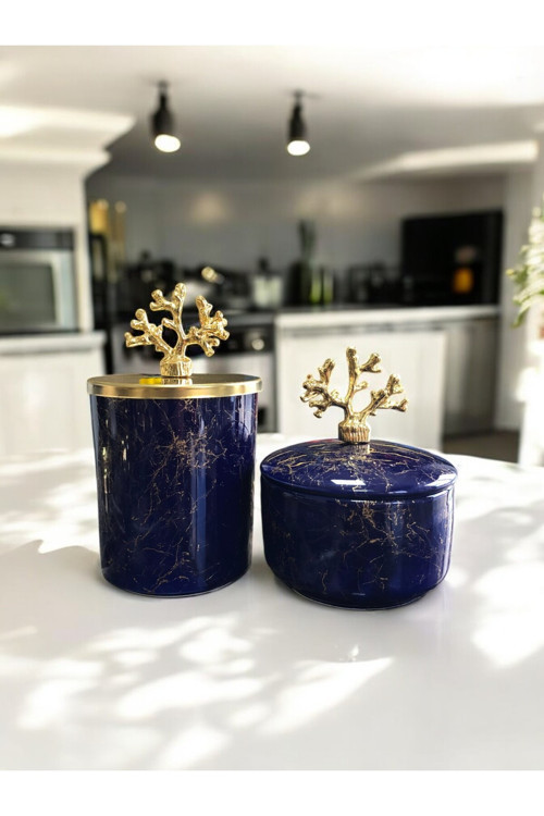 Dekoratif Mutfak Aksesuarı 2 Li Lacivert Gold Mermer Silindir Obje Gold Mercan
