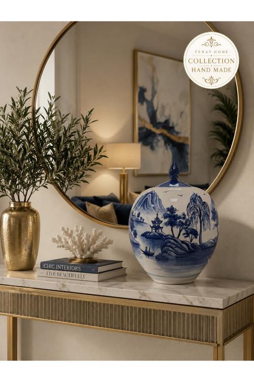 Collection Series Handmade Blue And White Boatman Mountain Landscape Globe Cube