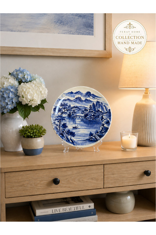 Collection Series Handcrafted Blue And White Plate Featuring A Lake And Boat Landscape