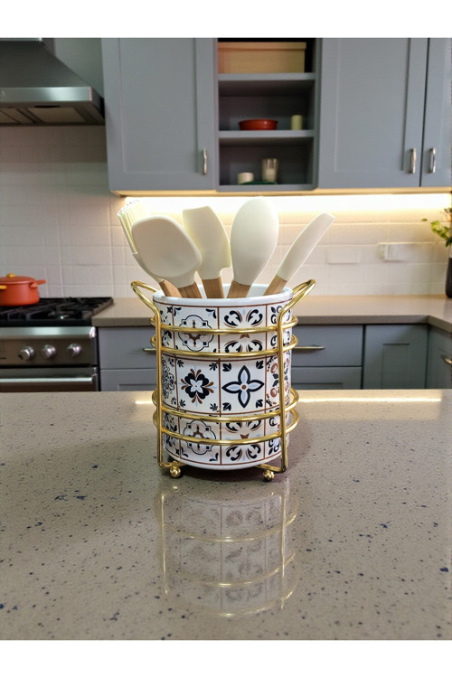 Mutfak Aksesuarı Seramik Metalli Kaşıklık Ceramic Desen Gold