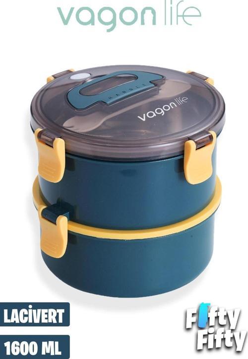 1600 ML İki Kat Yuvarlak Paslanmaz Çelik Bento Lunch Box Yeni Nesil Sefer Tası-ÇatallıKaşık-397