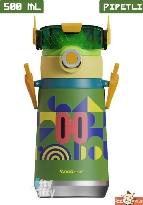 CocoSmile Özel Kutulu 500 ML Pipetli Çelik Termos -Boyun Askılı- 4 Farklı Robot Modeli  cs0001