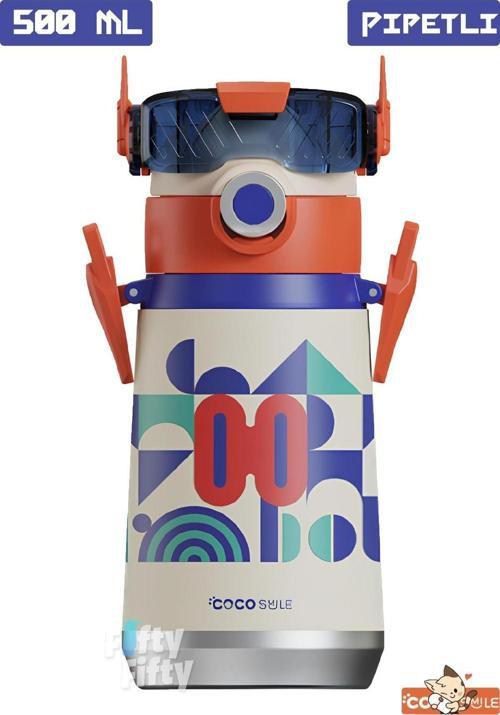 CocoSmile Özel Kutulu 500 ML Pipetli Çelik Termos -Boyun Askılı- 4 Farklı Robot Modeli  cs0001
