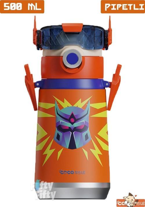 CocoSmile Özel Kutulu 500 ML Pipetli Çelik Termos -Boyun Askılı- 4 Farklı Robot Modeli  cs0001
