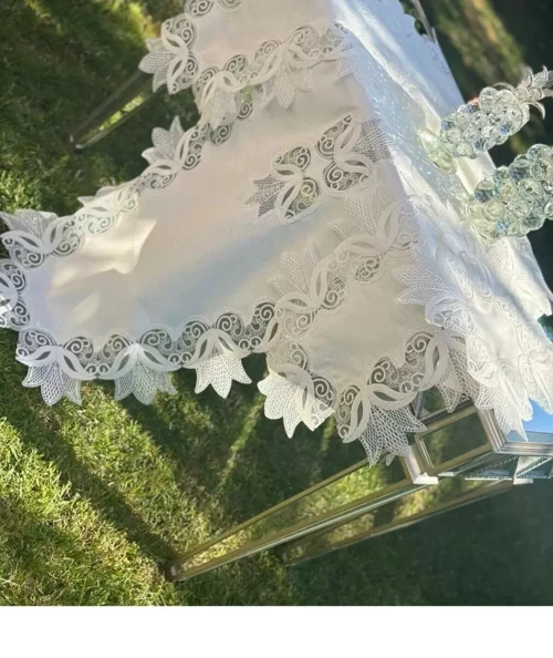 Krem-Krem Kayla Model 5 Parça Keten Masa Örtüsü Runner Seti Salon Takımı No 22252