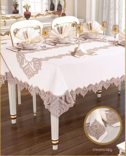 Kartanesi Gardenya Keten Yemek Takımı Masa Seti 12 Kişilik 26 Parça 160 × 220 cm Runner Set Krem-Kapiçino