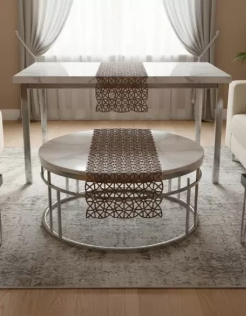Angles Model Kahverengi 5 Parça Salon Takımı Dantel Masa Örtüsü Runner Seti
