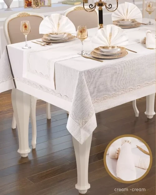 Liana Yemek Takımı Masa Seti 12 Kişilik 26 Parça 155 × 220 cm Runner Set Krem-Krem