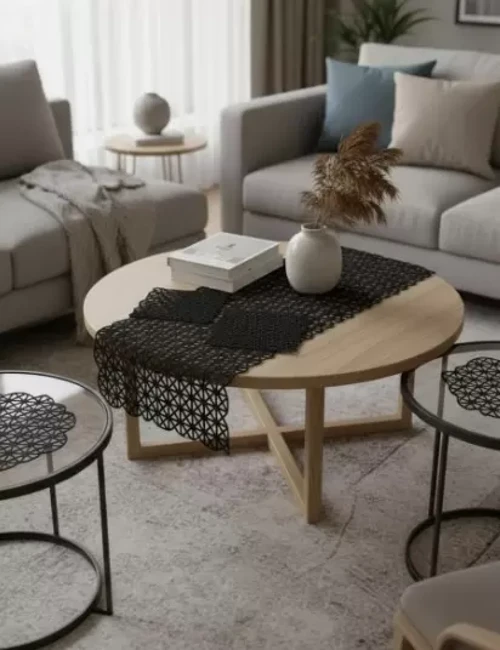 Angles Model Krem 5 Parça Dantel Salon Takımı Masa Örtüsü Runner Seti