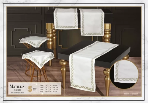 Matilda Model Krem-Gold Keten Runner Seti Masa Örtüsü Modern Salon Takımı 5 Parça