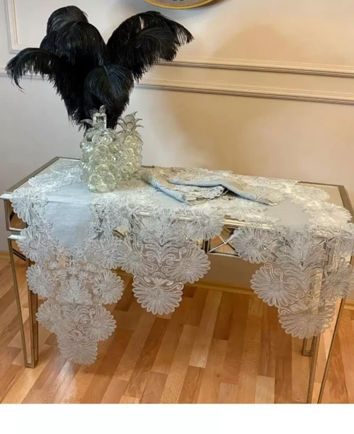 Palmiye Model Gri Keten Runner Seti Lüks Salon Takımı 7 Parça