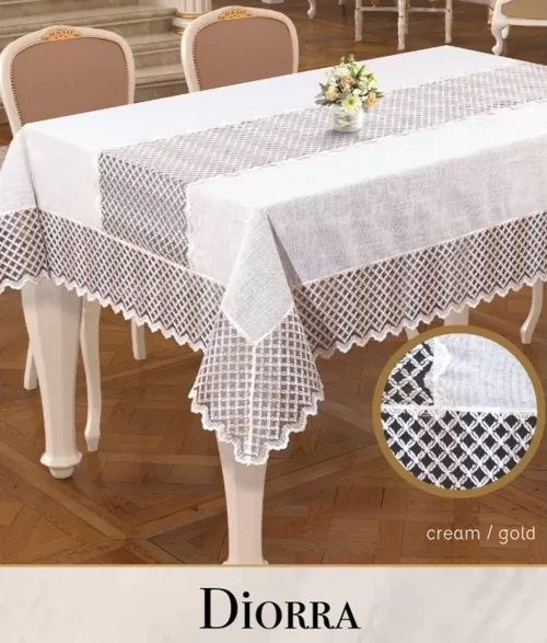 Diorra Model Krem-Gold Keten Kendinden Runnerli 160x260 cm Yemek Masası Örtüsü