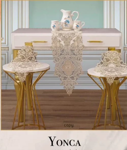 Salon Takımı 3 Parça Velvet Kadife Dantelli Masa Örtüsü Runner Seti Yonca Model - Kapiçino