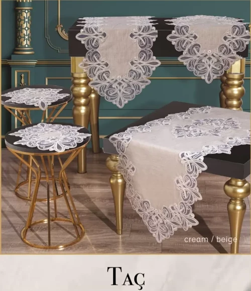 Salon Takımı 5 Parça Dantelli Keten Masa Örtüsü Runner Seti Çeyizlik Taç Model Krem