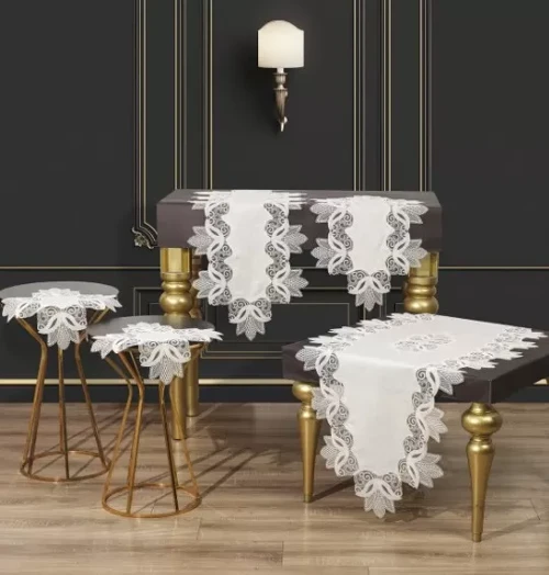 Salon Takımı Çeyizlik Kayla Model Krem-Gold 5 Parça Keten Dantelli Runner Seti